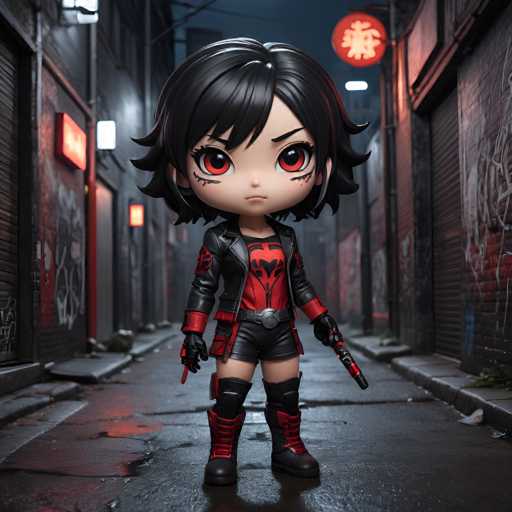 A black and red anime character is standing on a city street at night with a red sign behind her that says "大阪". The character has dark hair and is wearing a black leather jacket and boots. She holds a gun in one hand and a shield in the other, suggesting she may be a fighter or protector.