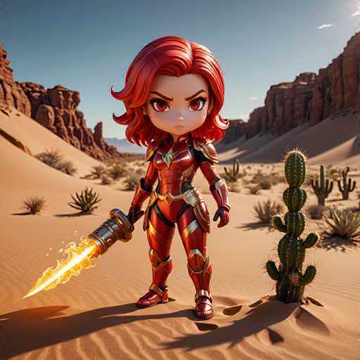 A cartoon character with red hair and a gold outfit is standing on a sandy desert plain holding a sword and shield. The background features rocky mountains under a clear blue sky.