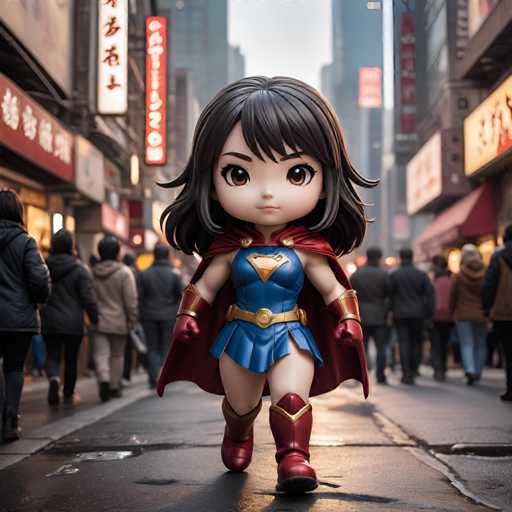 A figurine of a girl dressed as Supergirl is walking down the street with her arms raised high and a determined expression on her face. The background shows buildings and people going about their day, creating an urban setting for the scene.