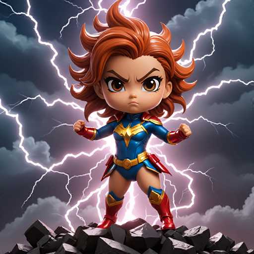 A figurine of a girl with red hair and blue eyes is standing on a rock formation against a stormy sky filled with lightning bolts. The girl is wearing a blue and gold outfit that includes a red cape and a shield.