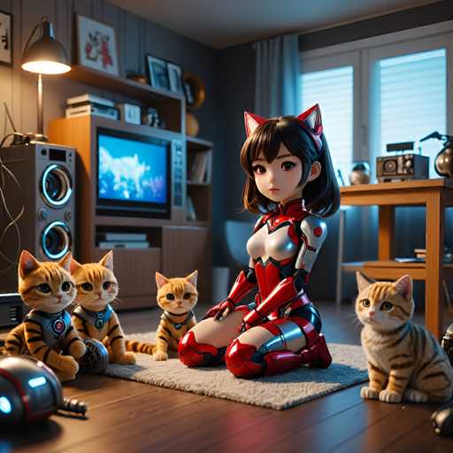 A cartoon girl is sitting on a gray rug with three cats around her. The cat closest to the viewer has a red collar and appears to be looking at the camera.