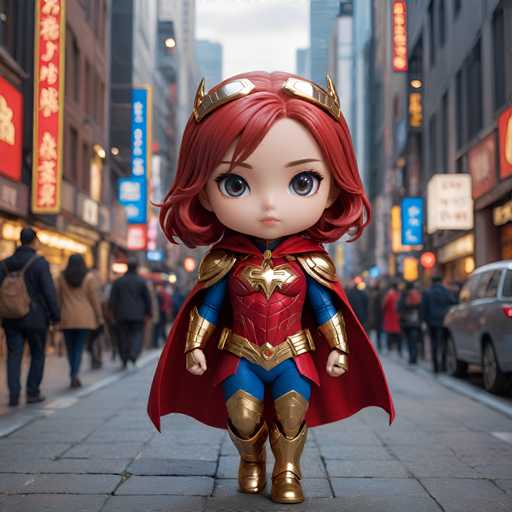A small figurine of a girl with red hair and a gold crown is walking down the street wearing a blue and gold outfit that includes a red cape and gold boots. The background shows tall buildings and people going about their day.
