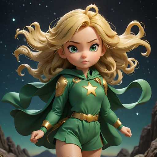 A cartoon girl with blonde hair and green eyes is standing against a backdrop of stars and mountains. She is dressed as a superhero, wearing a green outfit that includes a cape and a gold emblem on her chest. The girl's expression appears to be one of determination or excitement.