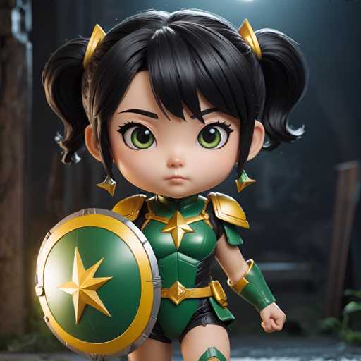 A 3D rendering of a young girl with black hair and green eyes wearing a green and gold outfit that includes a shield on her back. She is holding a shield in one hand and has a sword in the other. The background features a dark room with a wooden door and a window, suggesting an indoor setting or perhaps a castle-like structure.