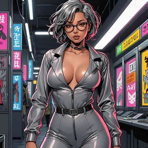 The image depicts a woman wearing a gray jumpsuit with a zipper down the front and glasses on her face. She is standing in an indoor space that features neon signs and posters hanging from the ceiling. The background includes a computer monitor and keyboard, suggesting a workspace or office setting.