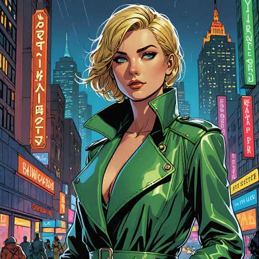 The image depicts a woman wearing a green trench coat and sunglasses standing on a busy city street at night. The background is filled with neon signs and buildings, creating an urban atmosphere.
