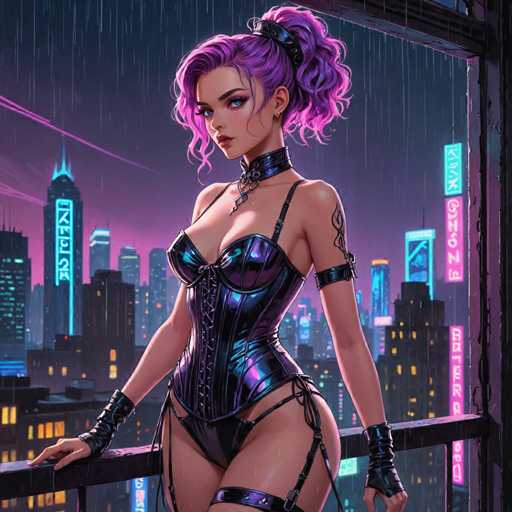 The image depicts a woman with purple hair and a corset standing on a balcony overlooking a city at night. The woman is wearing black leather boots and has tattoos on her arms. The background features neon signs for various businesses, including "Piercer", "B&W", and "Cafe".