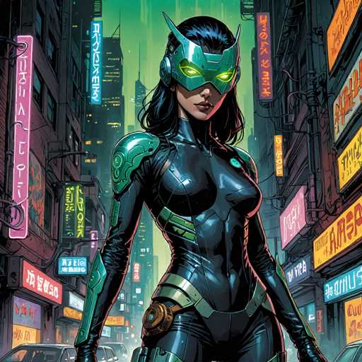 The image depicts a woman dressed as a werewolf with a green mask and body suit, standing on a city street surrounded by neon signs and buildings.
