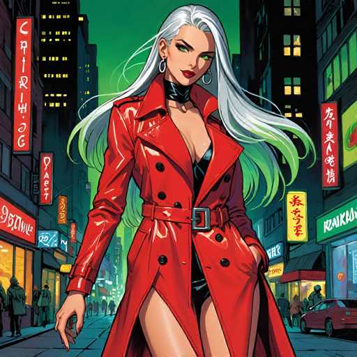 The image depicts a woman with long blonde hair and striking green eyes walking down a city street at night. She is wearing a red trench coat and high heels, giving her an elegant and stylish appearance. The background of the image shows tall buildings illuminated by bright lights, creating a vibrant and lively atmosphere.