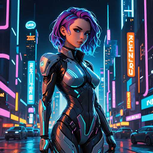 The image depicts a woman with purple hair standing in front of a cityscape at night. She is wearing a futuristic silver suit and has a serious expression on her face. The background features neon signs for various businesses, including "HUB", "AGENCY", and "NUANCY".