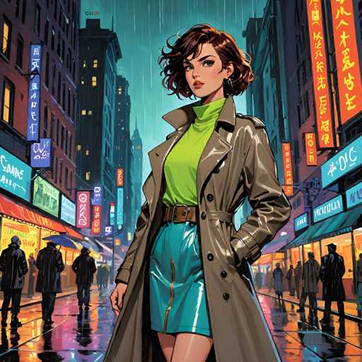 The image depicts a woman standing on a city street at night, wearing a green dress and a brown trench coat with gold accents. The background is filled with neon signs and buildings, creating an urban atmosphere.