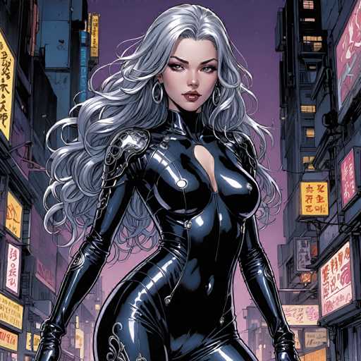 The image depicts a woman with long, flowing hair and a black outfit that includes a corset and gloves. She is standing on a street at night, surrounded by neon signs and buildings in an urban setting. The artist's signature can be seen in the bottom right corner of the image.