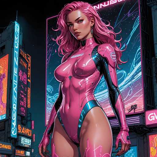 The image depicts a woman with pink hair and a futuristic outfit standing in front of a neon sign that reads "GONZEN". The background features buildings and other signs, creating an urban setting for the scene.