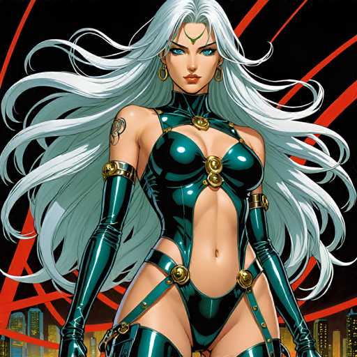 The image depicts a woman with long blonde hair and blue eyes wearing a green outfit that includes a corset and gloves. She is standing against a black background with red lines, suggesting an urban setting or cityscape. The woman's pose and attire give the impression of her being in a powerful or commanding position, possibly as a superhero or a character from a comic book series.
The image does not contain any text or additional objects, making it a simple yet striking visual composition that focuses on the woman and her surroundings.