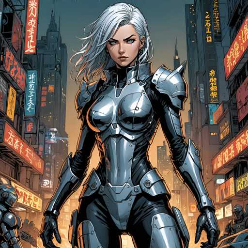 The image depicts a woman wearing a futuristic silver suit and helmet standing in the center of an urban cityscape at night. The city is illuminated by neon signs and buildings that stretch into the distance, creating a vibrant and dynamic scene.