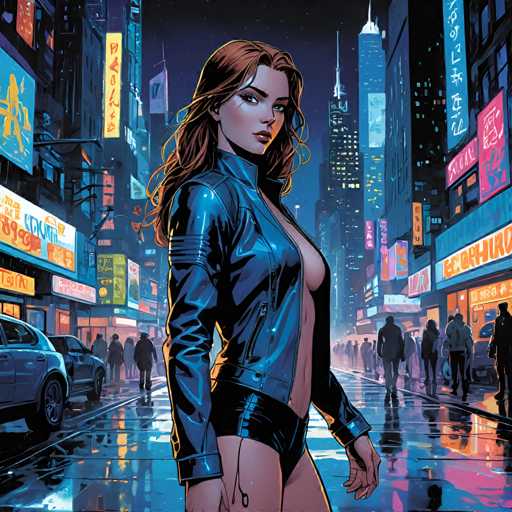 The image depicts a woman standing on a city street at night, wearing a black leather jacket and revealing her bikini bottom. The background is filled with neon signs and buildings, creating an urban atmosphere.