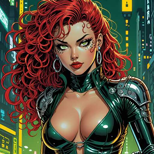 The image depicts a woman with red hair and green eyes wearing a black leather outfit that includes a corset and a top hat. The background is a cityscape filled with buildings of various sizes and colors, suggesting an urban setting.