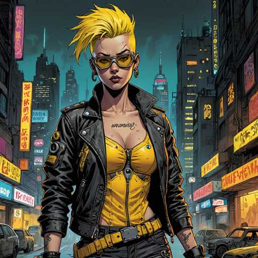 The image depicts a woman with blonde hair and sunglasses standing on a street at night. She is wearing a yellow jacket and black pants, giving her a distinctive appearance. The background shows buildings and neon signs, suggesting an urban setting.