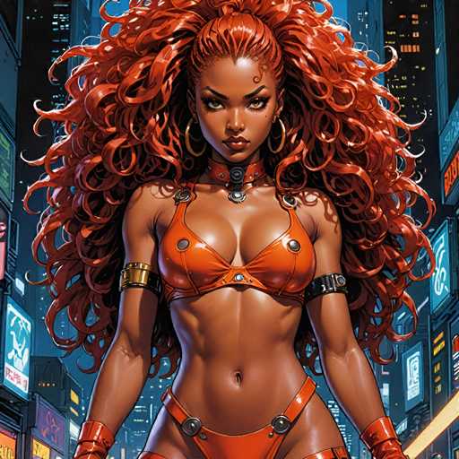 The image depicts a woman with long red hair and an orange bikini top standing in the center of a city at night. She is wearing a gold necklace and earrings that glint under the city lights. The background shows buildings and neon signs, creating a vibrant urban atmosphere.