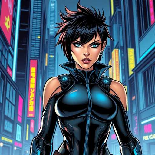 The image depicts a woman with short hair and blue eyes standing in the center of a city at night. She is wearing a black outfit that includes a hoodie and boots. The background shows a cityscape filled with neon signs and buildings illuminated by bright lights.