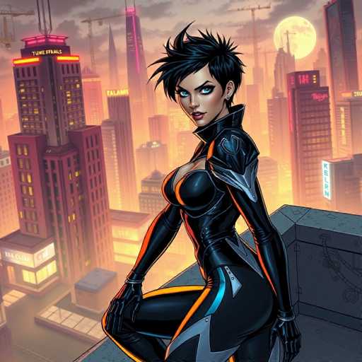 The image depicts a woman dressed in a black and white outfit with a silver emblem on her chest, standing atop a building against the backdrop of a city skyline. The buildings have neon lights that illuminate the scene, creating an urban atmosphere.