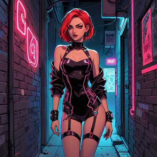The image depicts a woman wearing a black leather outfit with pink accents and high heels, standing on the sidewalk of an alleyway. The alley is illuminated by neon signs that cast a glow on her figure, creating a striking contrast against the dark surroundings.