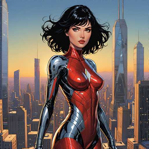 The image depicts a woman with long dark hair and striking red skin armor standing on the rooftop of a tall building against an urban cityscape backdrop. The sky above is painted in shades of orange and yellow, suggesting either sunrise or sunset.