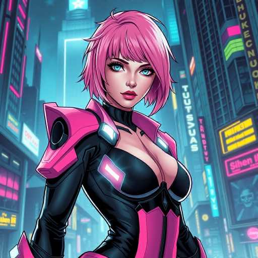 The image depicts a woman with pink hair and a black outfit standing in the center of a bustling city street at night. The neon lights from various buildings illuminate the scene, creating a vibrant atmosphere. The woman is positioned slightly to the left of the frame, facing towards the right side of the image.