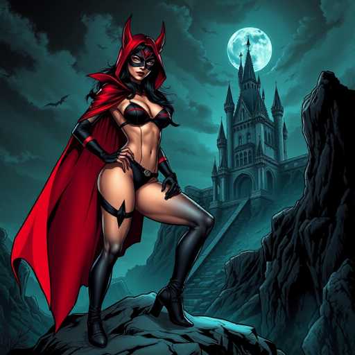 The image depicts a woman dressed as a superhero standing on a rock with her arms crossed and legs apart, wearing a red cape and black boots. In the background, there is a castle under a full moon, suggesting that this scene takes place in a fantasy or comic book setting. The style of the illustration appears to be cartoon-like, characterized by bold lines and vibrant colors.