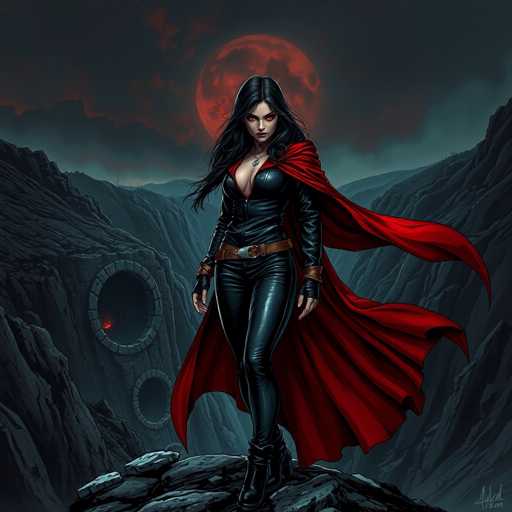 The image depicts a woman with long dark hair and red hair standing on a rock formation against the backdrop of a mountainous landscape under a full moon. She is wearing a black leather outfit that includes a cape and boots. The sky above her is dark and cloudy, adding to the dramatic atmosphere of the scene.