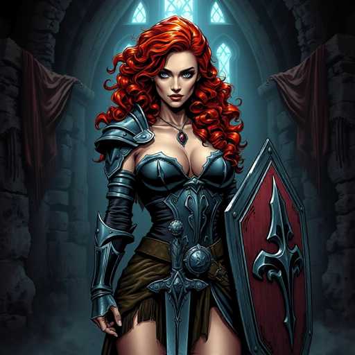 A woman with red hair and a sword is standing in front of a stone archway, wearing a blue dress and holding a shield.