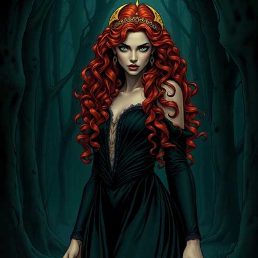 A woman with long red hair wearing a black dress and gold crown stands in front of trees in a forest setting.