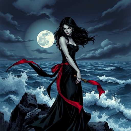 The image depicts a woman standing on a rocky cliff overlooking the ocean at night. She is wearing a black dress with a red ribbon around her waist and holding a sword in her right hand. The sky above them is dark blue, filled with clouds that cast an eerie atmosphere over the scene.