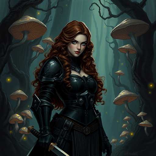 A woman with long red hair and a black outfit stands in front of mushrooms on either side of her, holding a sword in her right hand.