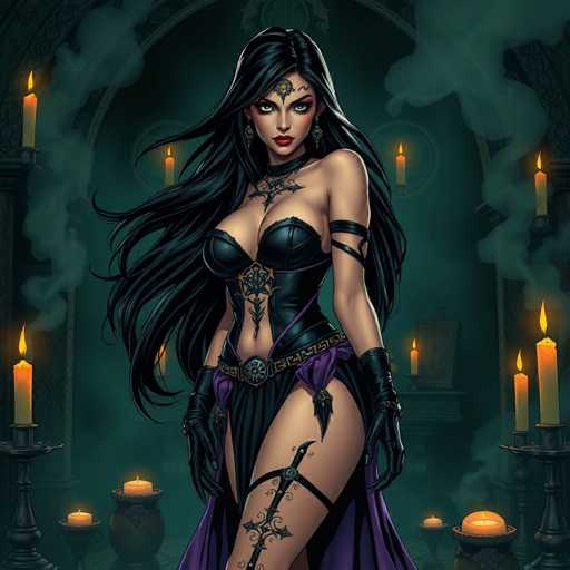 The image depicts a woman with long dark hair and tattoos on her legs and arms, dressed in a black outfit that includes a corset and a headdress. She is standing in front of a group of candles arranged in the shape of a castle, surrounded by smoke from burning candles. The background features a green color scheme with a large archway and a window, adding to the medieval atmosphere.
