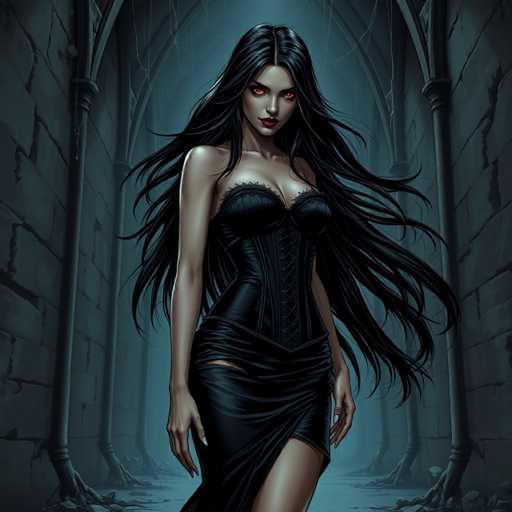 The image depicts a woman with long dark hair and red eyes standing in the center of an underground tunnel. She is wearing a black strapless dress that falls down to her knees, and she has her arms crossed over her chest. The tunnel appears to be made of stone or concrete, suggesting it could be part of an abandoned building or a hidden passage.