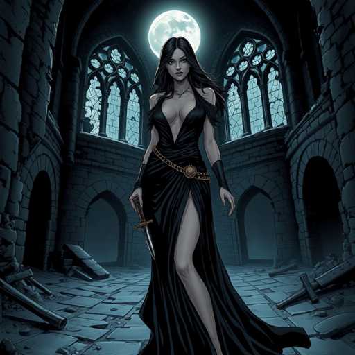 The image depicts a woman standing in front of an old stone building with large arched windows and a gothic architectural style. The woman is wearing a black dress that reaches down to her knees, and she holds a sword in her right hand.