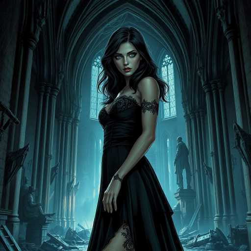 The image depicts a woman standing in front of an ornate Gothic-style archway with stained glass windows. The woman is wearing a black dress and has long dark hair that falls over her shoulders. She is positioned on the right side of the frame, facing towards the left. In the background, there are two statues visible - one on the left side and another on the right side of the image.