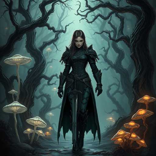 A woman dressed as a medieval princess stands in a forest filled with mushrooms and glowing mushrooms, holding a sword and wearing a black dress and helmet.