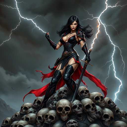 A woman with long dark hair and a red cape stands atop a pile of skulls on a stormy night. She is holding a sword in her right hand and wearing a black outfit that includes a corset and boots. The background features a sky filled with lightning bolts and clouds, creating an ominous atmosphere.