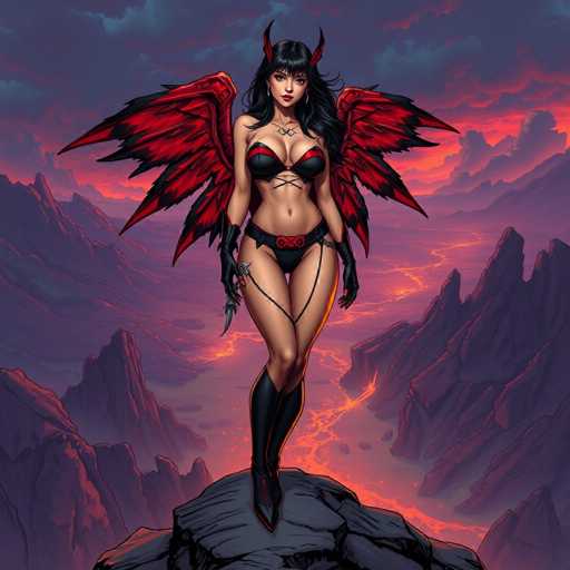 The image depicts a woman with red wings and black boots standing on a rock formation against a backdrop of a fiery sunset over mountains. The woman is wearing a black dress and holding a sword in her right hand.