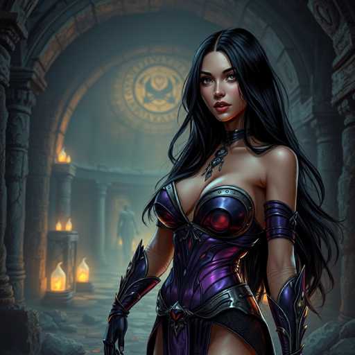 The image depicts a woman with long dark hair wearing a purple outfit and a necklace. She is standing in front of an archway that leads into the darkness beyond. The background features a large window adorned with a clock face, adding to the mysterious atmosphere of the scene.