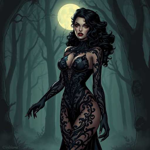 The image depicts a woman with long dark hair and black makeup standing in front of a full moon. She is wearing a black dress adorned with intricate designs on the bodice and skirt. The background features trees and foliage, creating an atmosphere of mystery and intrigue.