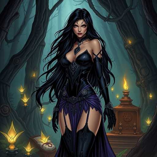 The image depicts a woman with long dark hair and black attire standing in front of a tombstone surrounded by trees and glowing candles. The woman is positioned centrally within the frame, drawing attention to her as the main subject.