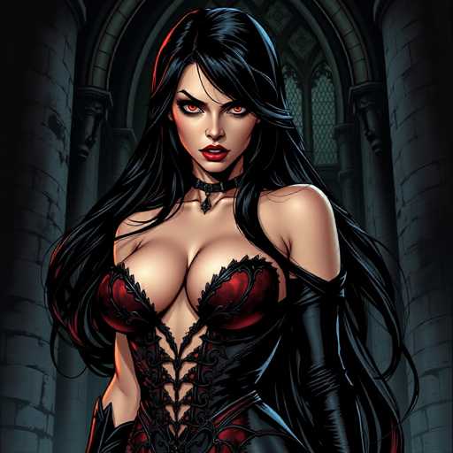 The image depicts a woman with long dark hair wearing a red and black dress adorned with intricate lace detailing. She is standing in front of an ornate stone archway that leads to a window, suggesting the presence of a grand entrance or doorway. The woman's striking features include her red lips and eyes, which are accentuated by bold red lipstick.
