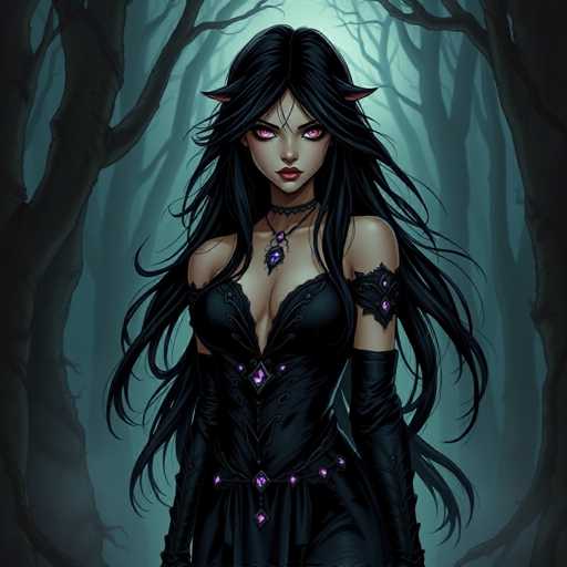The image depicts a woman with long dark hair and red eyes standing in front of a forest filled with trees. She is wearing a black dress adorned with purple jewels and has a necklace around her neck. The background features the silhouettes of trees against a dark blue sky.