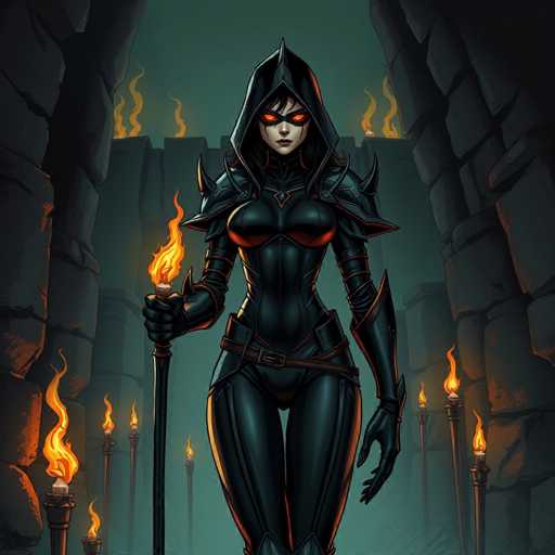A woman dressed as a dragon stands in front of a cave entrance, holding a flaming torch and wearing a black bodysuit with red accents. The cave is filled with torches that cast an eerie glow on the scene, creating a sense of mystery and danger.