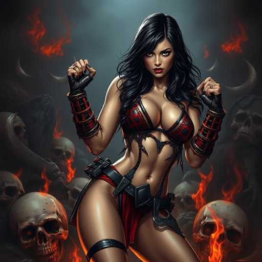 The image depicts a woman with long dark hair and red lips standing in front of a group of skulls. She is wearing a red and black outfit that includes a skirt and boots. The background features flames and skulls, creating an intense and dramatic atmosphere.