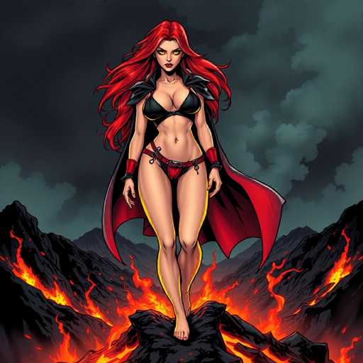 The image depicts a woman with red hair and a black bikini top standing on a rock amidst a fiery landscape. The background is filled with flames and smoke, creating an intense and dramatic atmosphere.