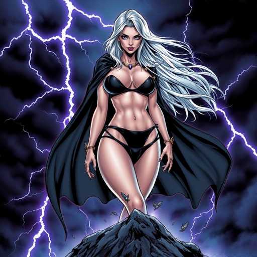 The image depicts a female character with long blonde hair and blue eyes standing on top of a mountain under a stormy sky. The character is wearing a black cape and bikini bottoms, adding to the dramatic atmosphere. The background features lightning bolts and dark clouds, further emphasizing the stormy setting.